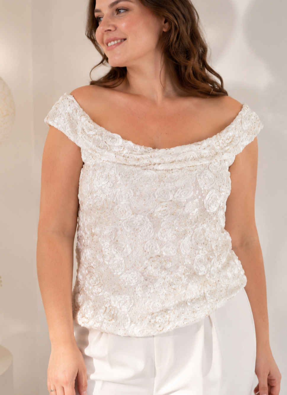 Alex Evenings L Ivory Rosette Sequin Off Shoulder Top Formal Wedding Party